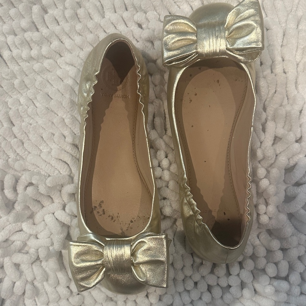 Tory Burch Metallic Gold Bow Ballet Flats
